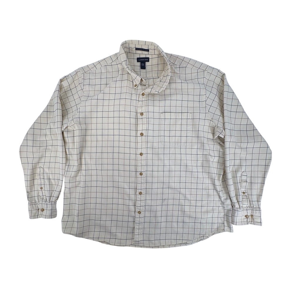 Lands End Mens XXL T Portuguese Flannel Button Down Shirt Cream Plaid Long Slv‎